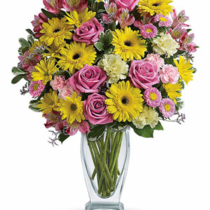 Glorious Grace – Bouquet Colorato con Fiori Rosa e Gialli