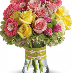 Bouquet Allegro Rosa, Giallo e Verde – Fiori Lunghi Misti