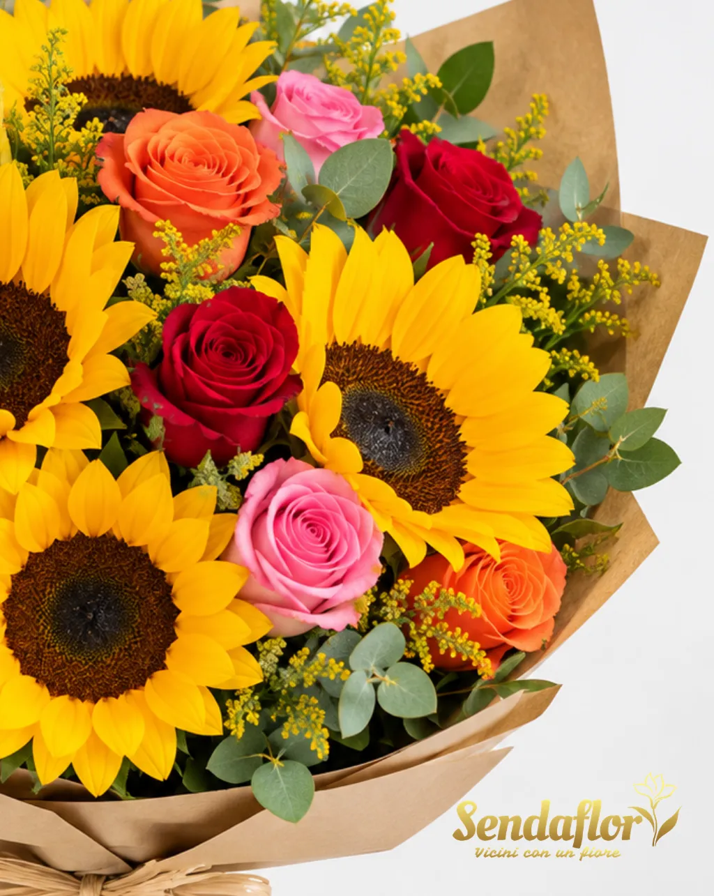 Gioia a colori – Bouquet di girasoli e rose colorate