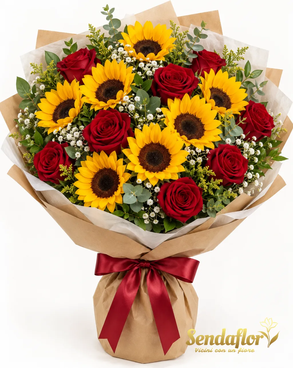 Un abbraccio per te – Bouquet di girasoli e rose rosse