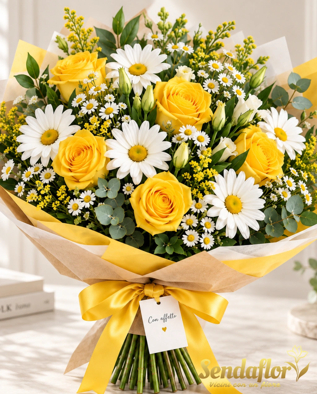Un raggio di sole – Margherite bianche e rose gialle