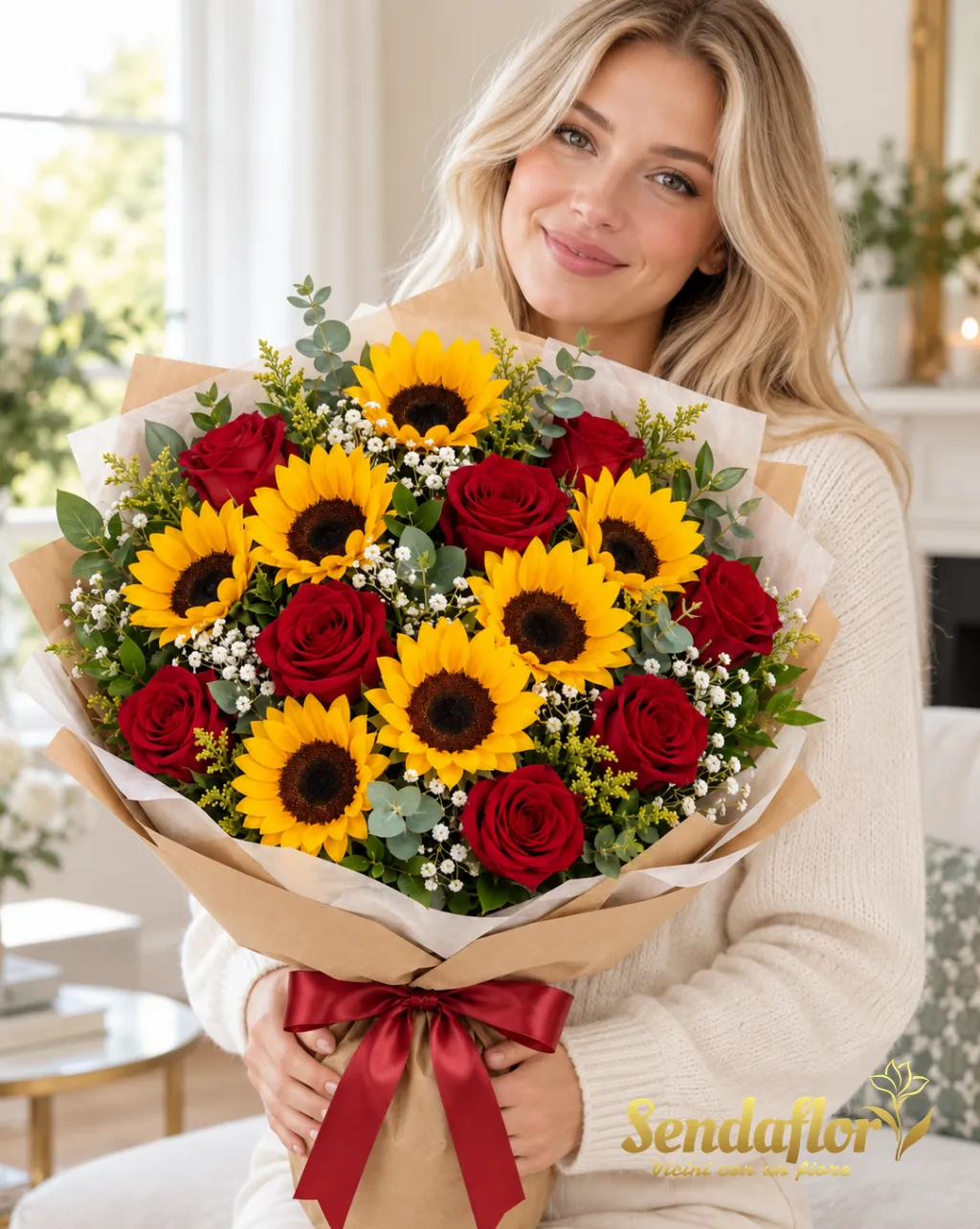 Un abbraccio per te – Bouquet di girasoli e rose rosse