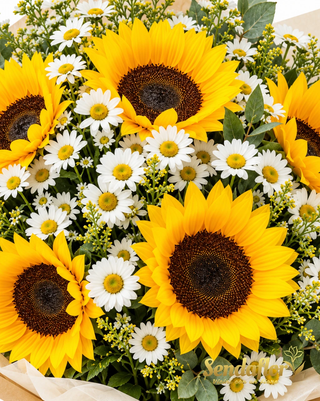 Incanto d’estate – Bouquet di girasoli e margherite bianche