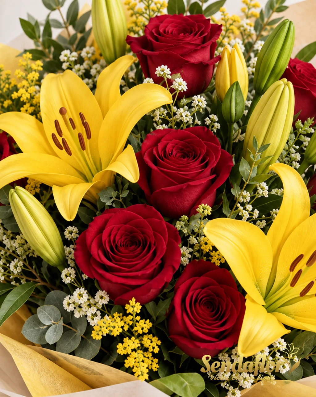 Passione solare – Bouquet di lilium gialli e rose rosse