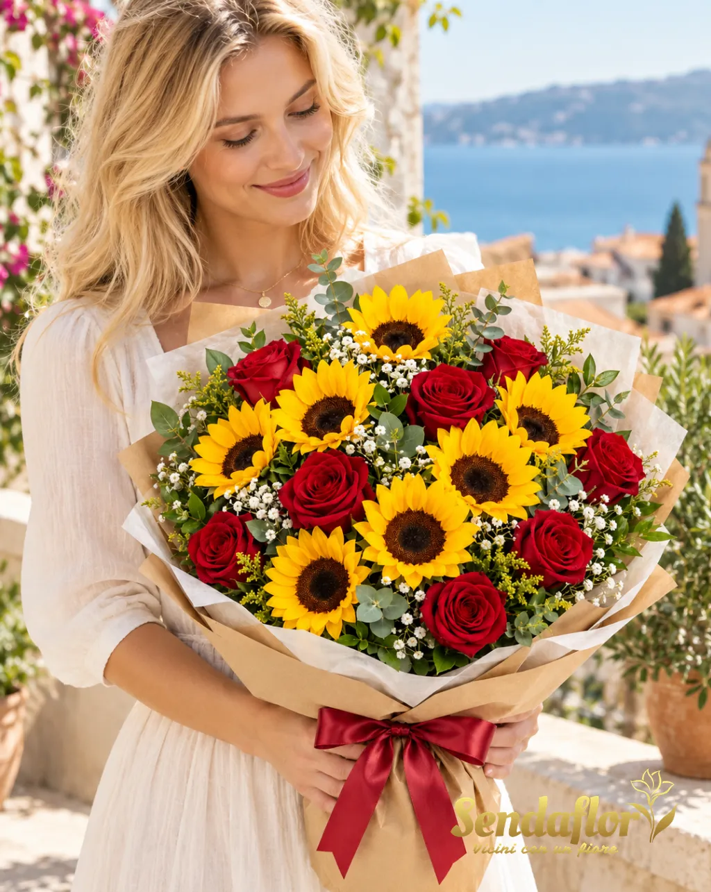 Un abbraccio per te – Bouquet di girasoli e rose rosse