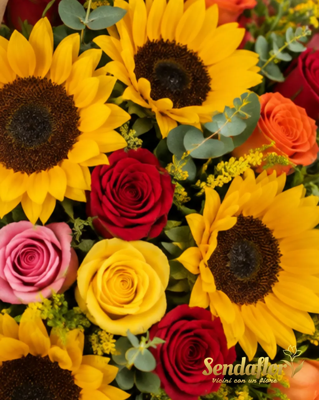 Gioia a colori – Bouquet di girasoli e rose colorate