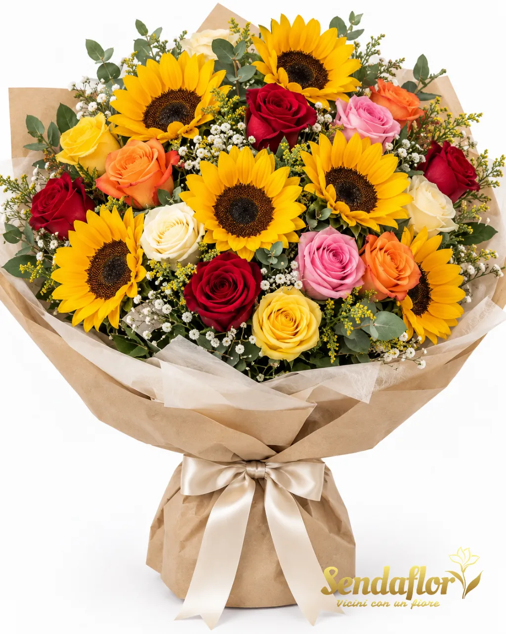 Gioia a colori – Bouquet di girasoli e rose colorate