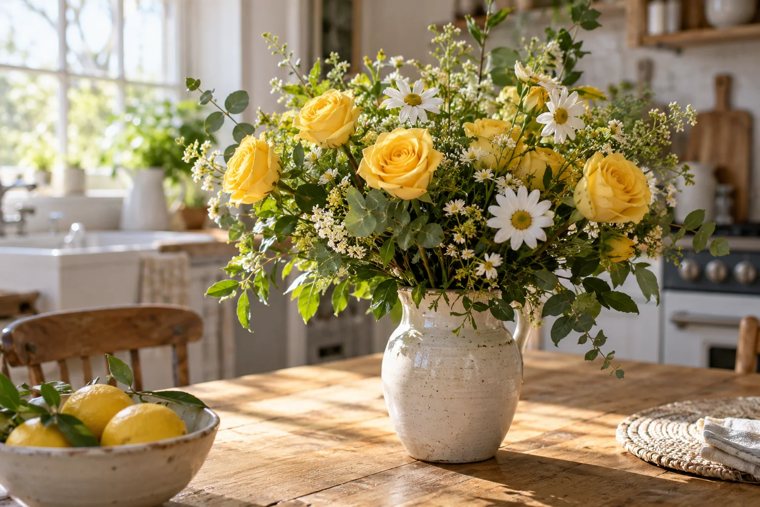 Rose gialle e margherite bianche su un tavolo luminoso