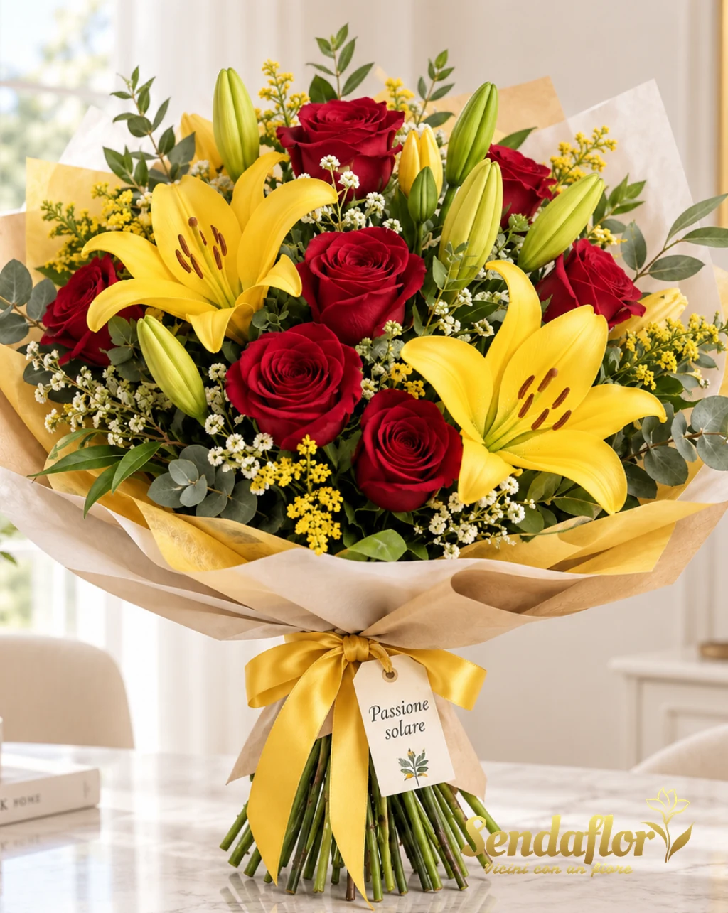 Passione solare – Bouquet di lilium gialli e rose rosse