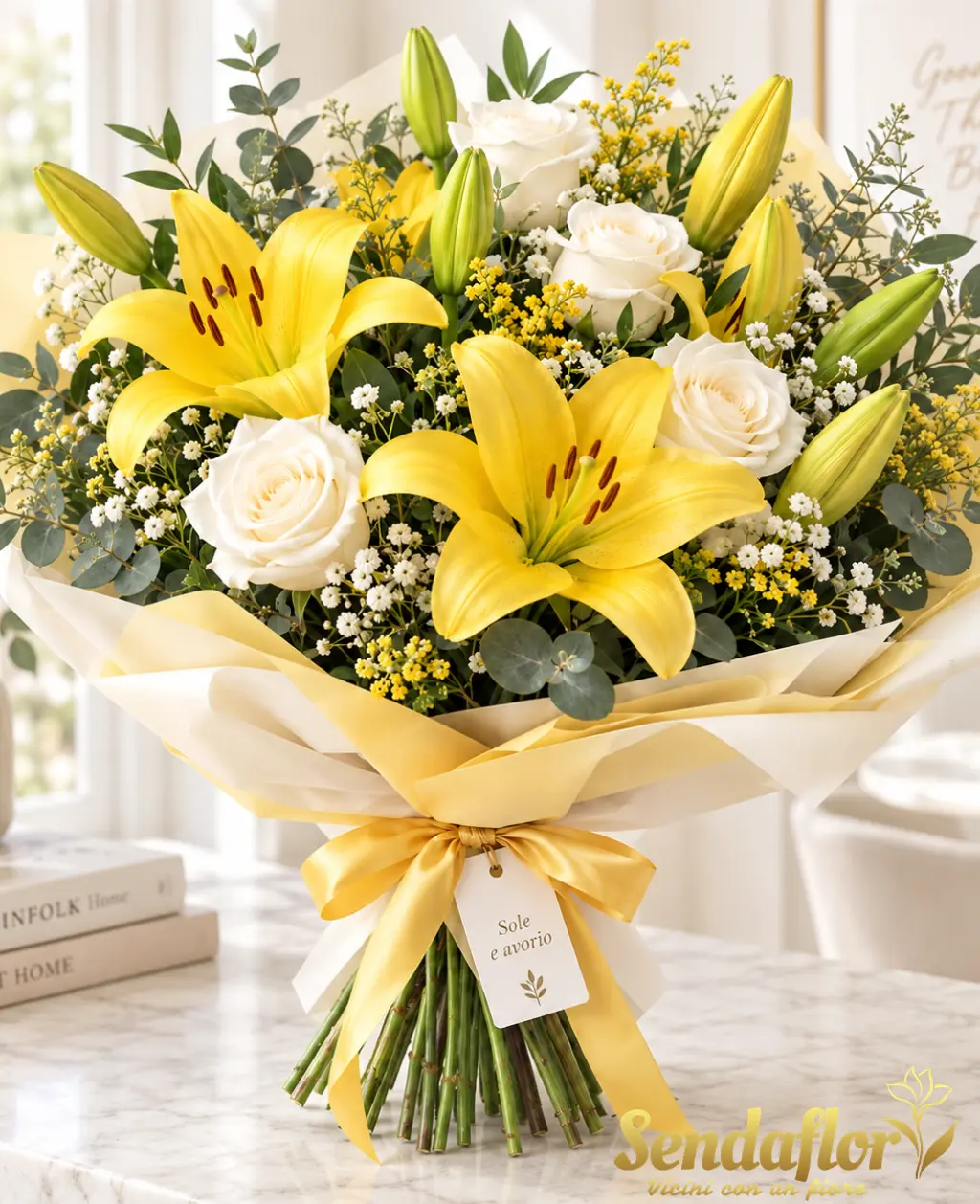 Sole e avorio – Bouquet di lilium gialli e rose bianche