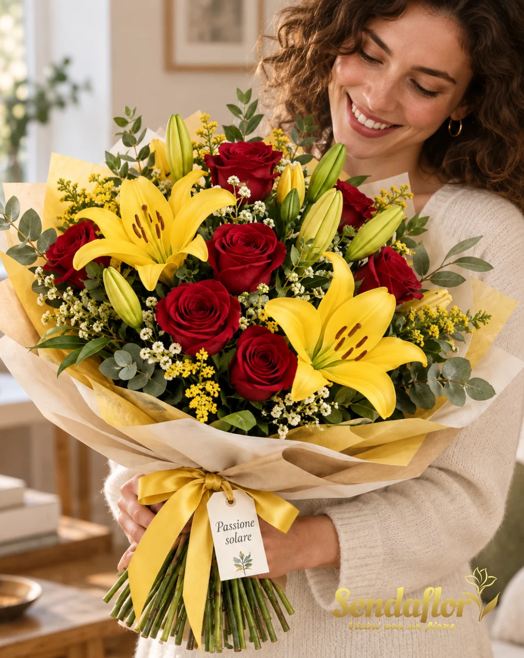 Passione solare – Bouquet di lilium gialli e rose rosse
