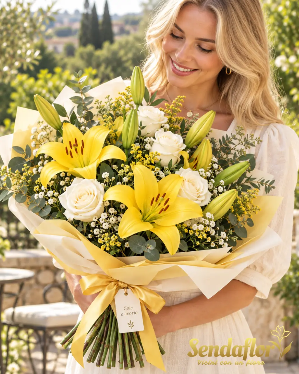 Sole e avorio – Bouquet di lilium gialli e rose bianche
