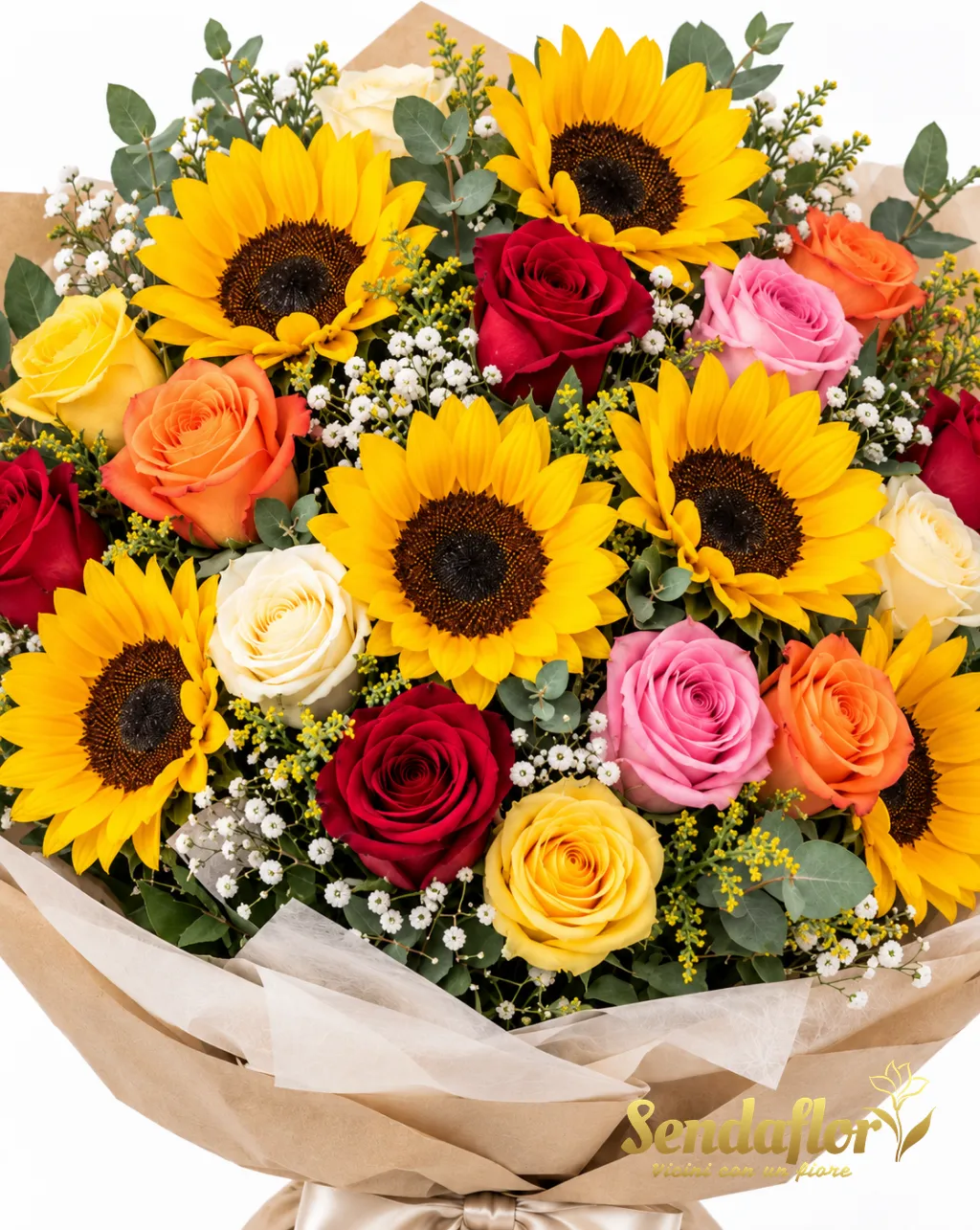 Gioia a colori – Bouquet di girasoli e rose colorate