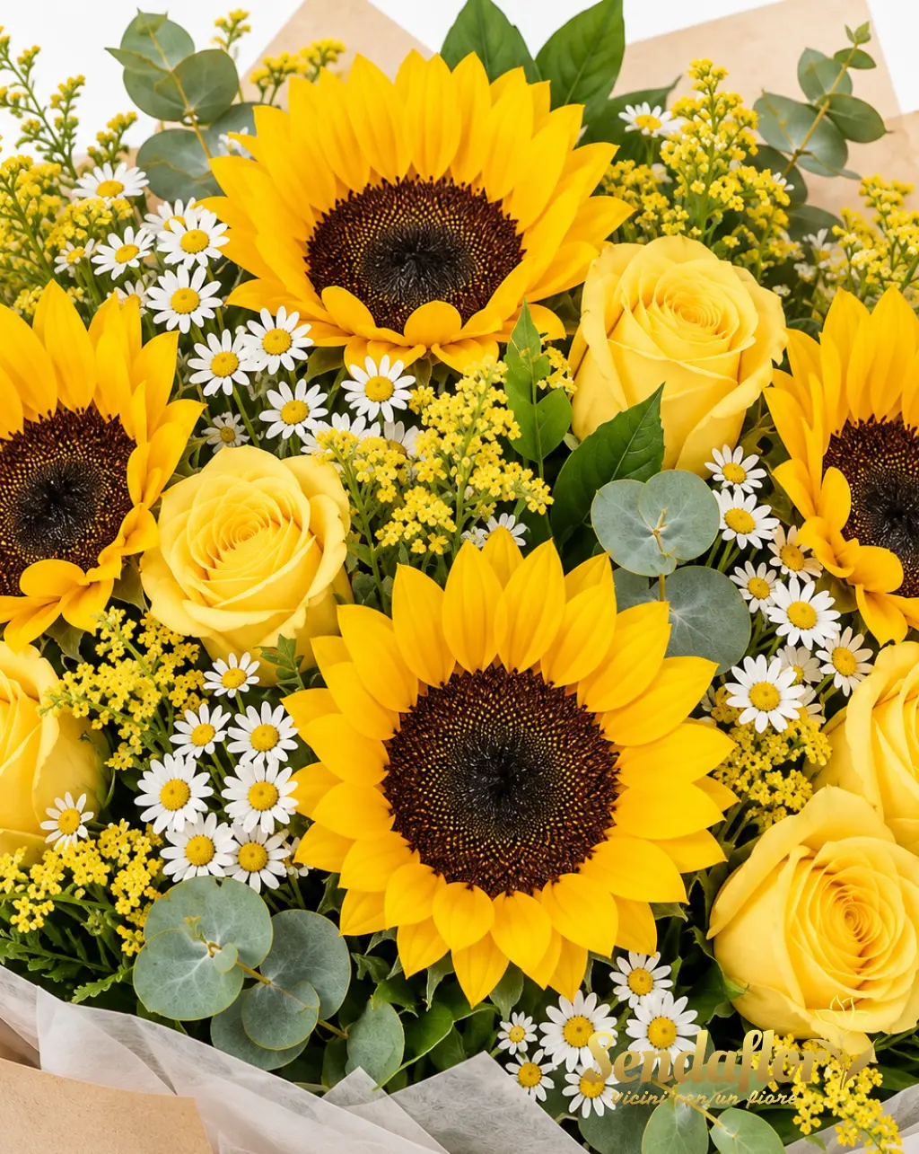 Splendore dorato – Bouquet di girasoli e rose gialle
