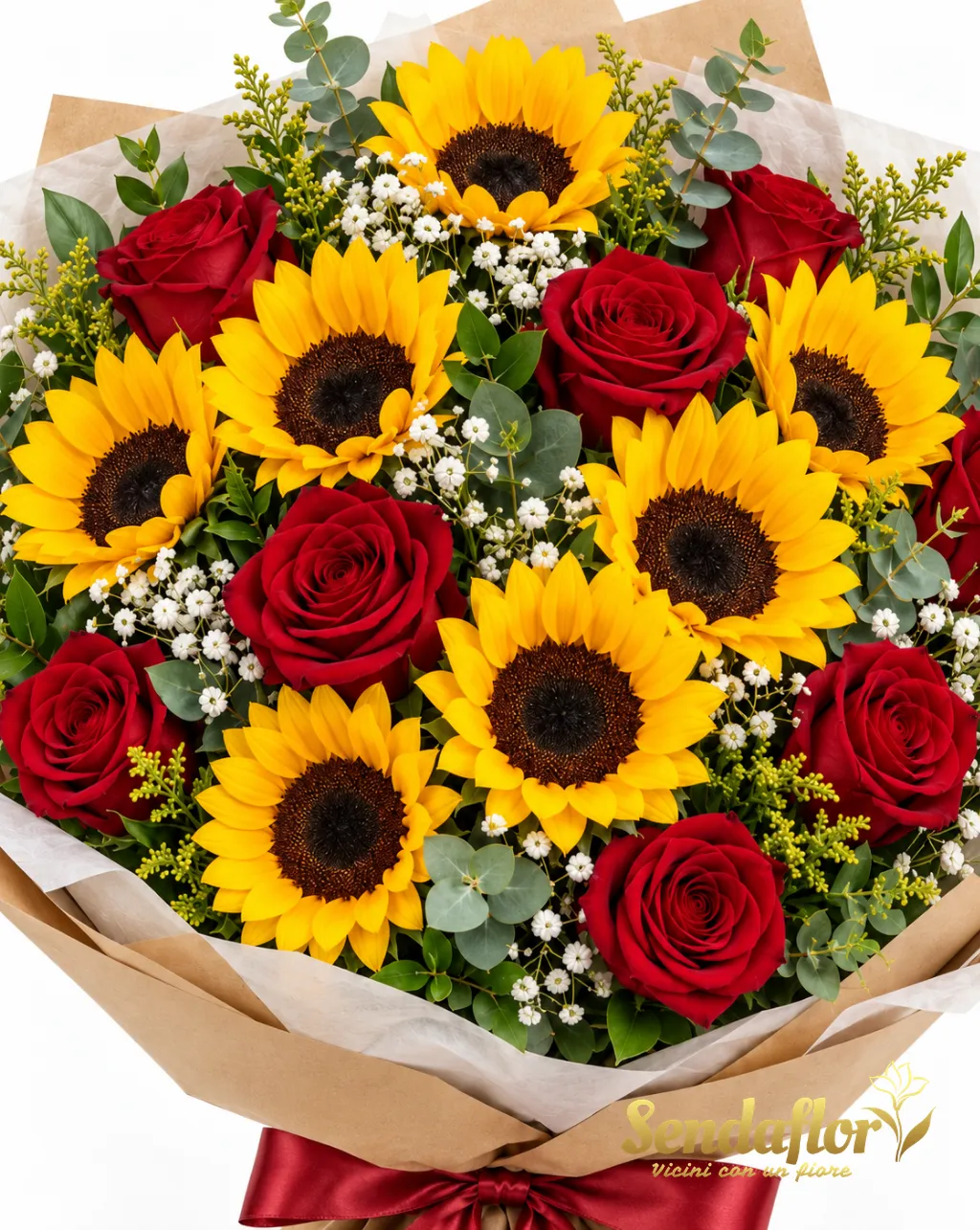 Un abbraccio per te – Bouquet di girasoli e rose rosse