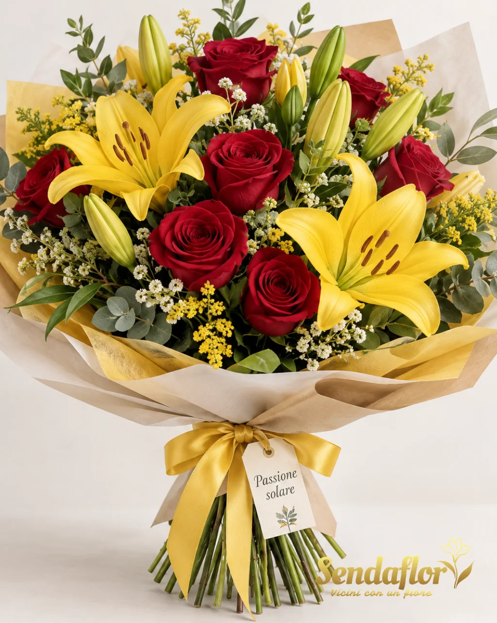 Passione solare – Bouquet di lilium gialli e rose rosse
