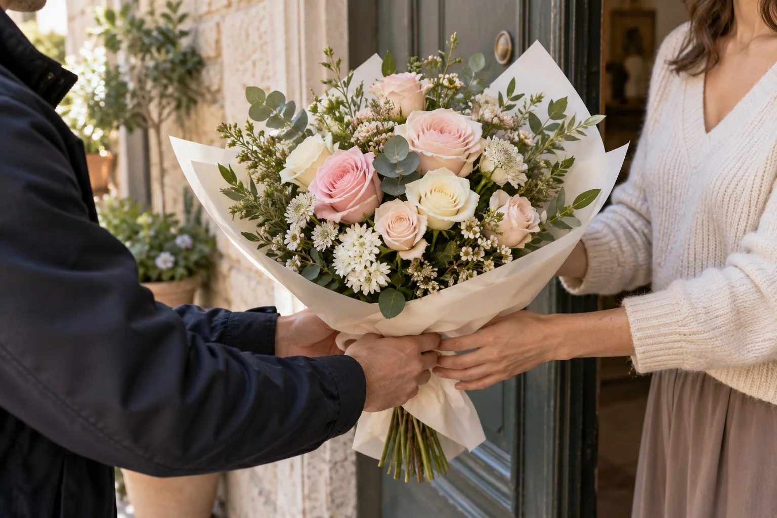 Un bouquet di rose rosa e crema viene consegnato sulla soglia di casa